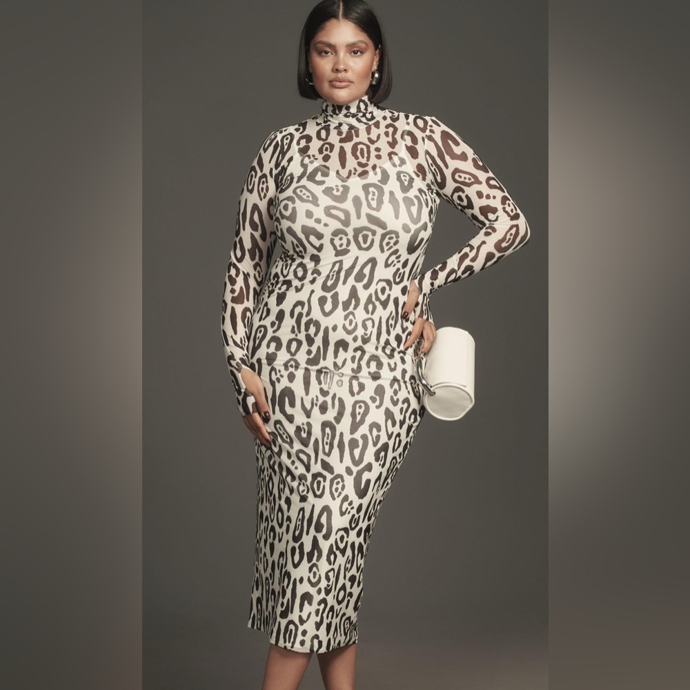 AFRM Sheer Leopard-Print Long Sleeve Midi Dress - White/Black NWT MSRP